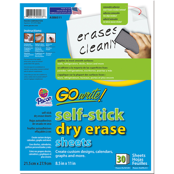 Gowrite! Dry Erase Sheets, Self-Adhesive, White, 8.5" x 11", PK30 ASB8511
